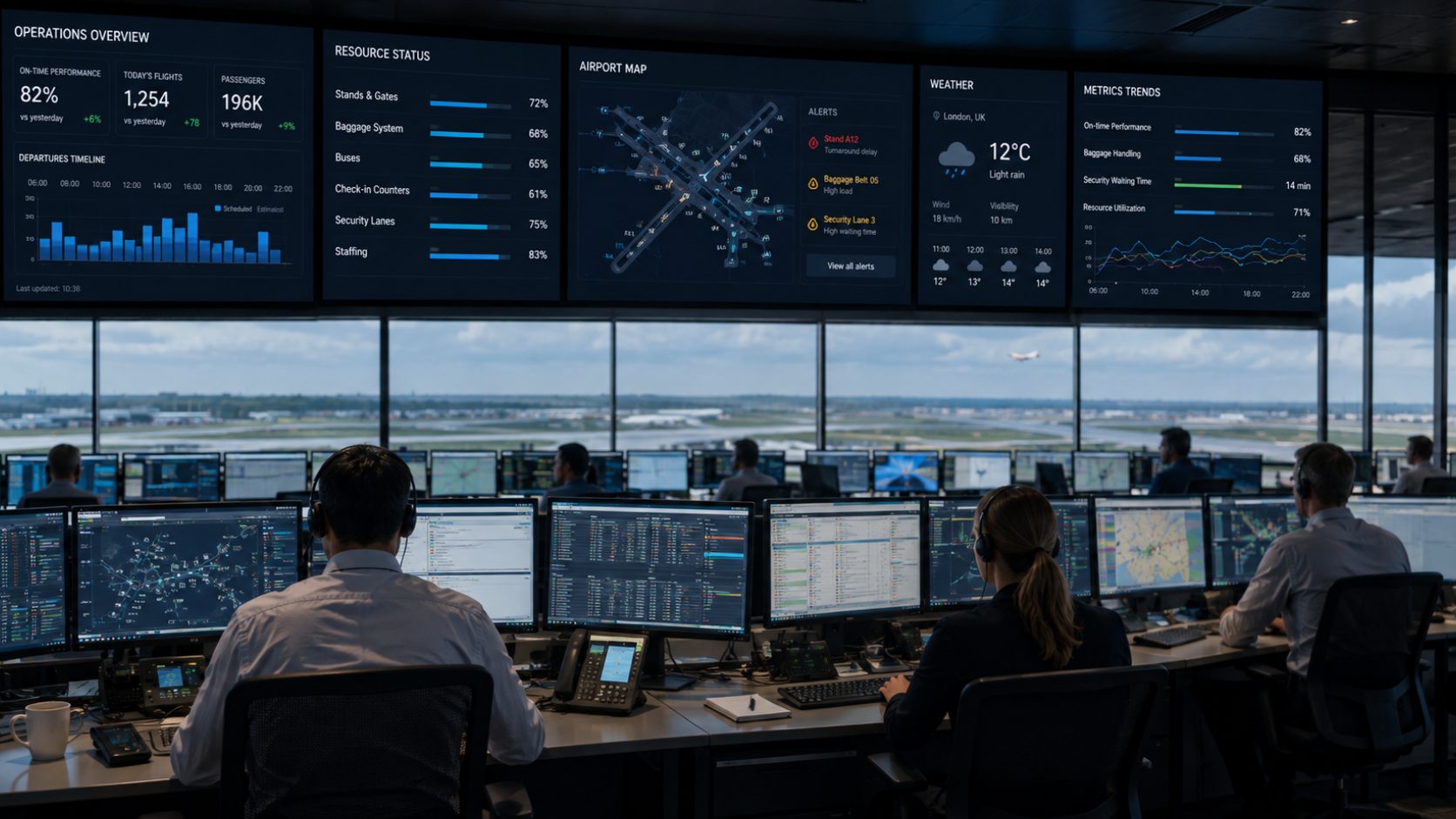 Operations overview wall showing resource status, airport map, alerts and metric trends