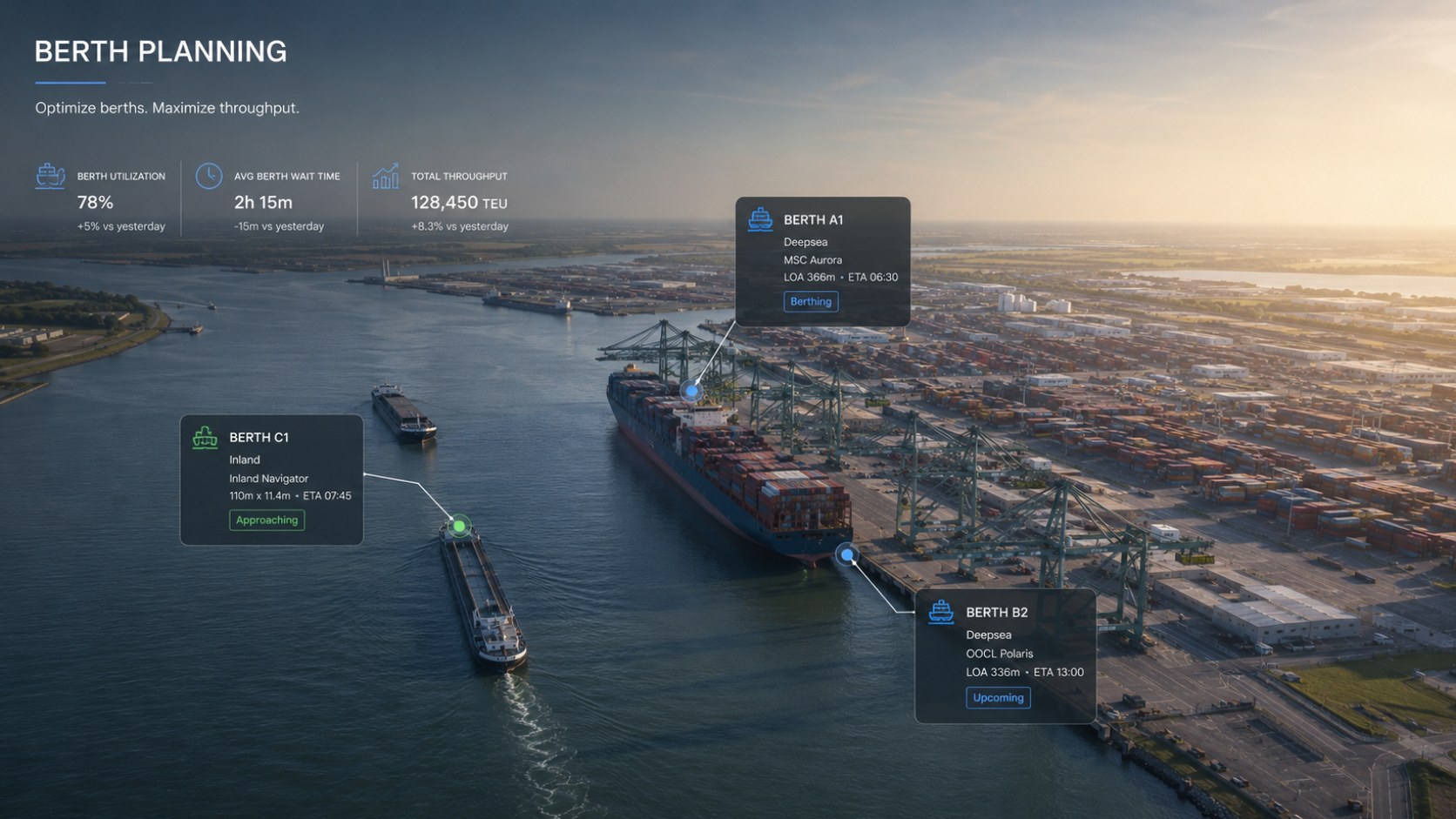 Berth planning view over a container terminal showing berth utilisation, average berth wait time and total throughput, with cards for berths A1, B2 and C1 giving vessel name, length overall, ETA and berthing status