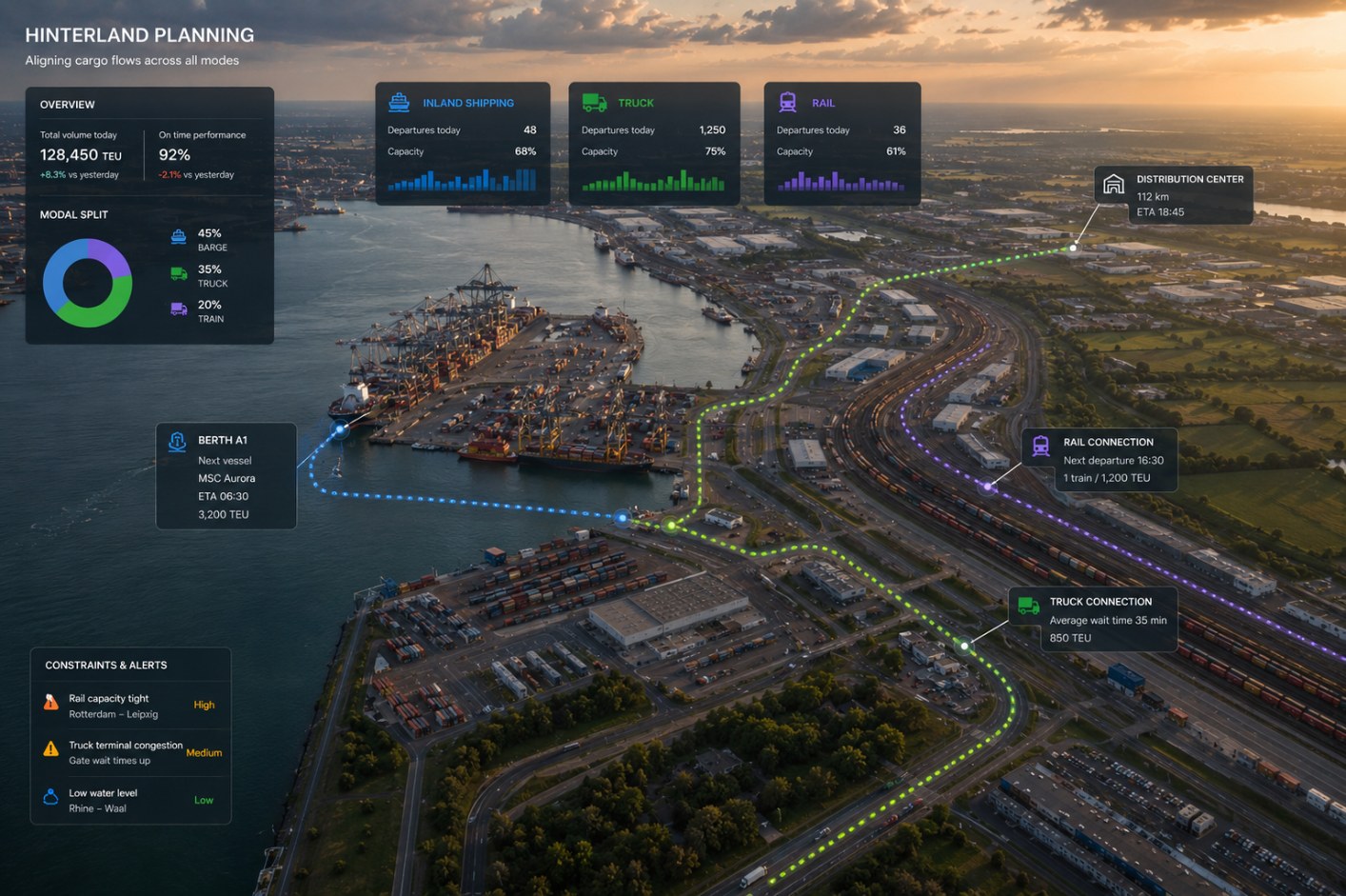 Hinterland planning view aligning cargo flows across modes, with total volume and on-time performance, a modal split between barge, truck and train, departure and capacity panels for inland shipping, truck and rail, and constraint alerts for rail capacity, terminal congestion and low water levels