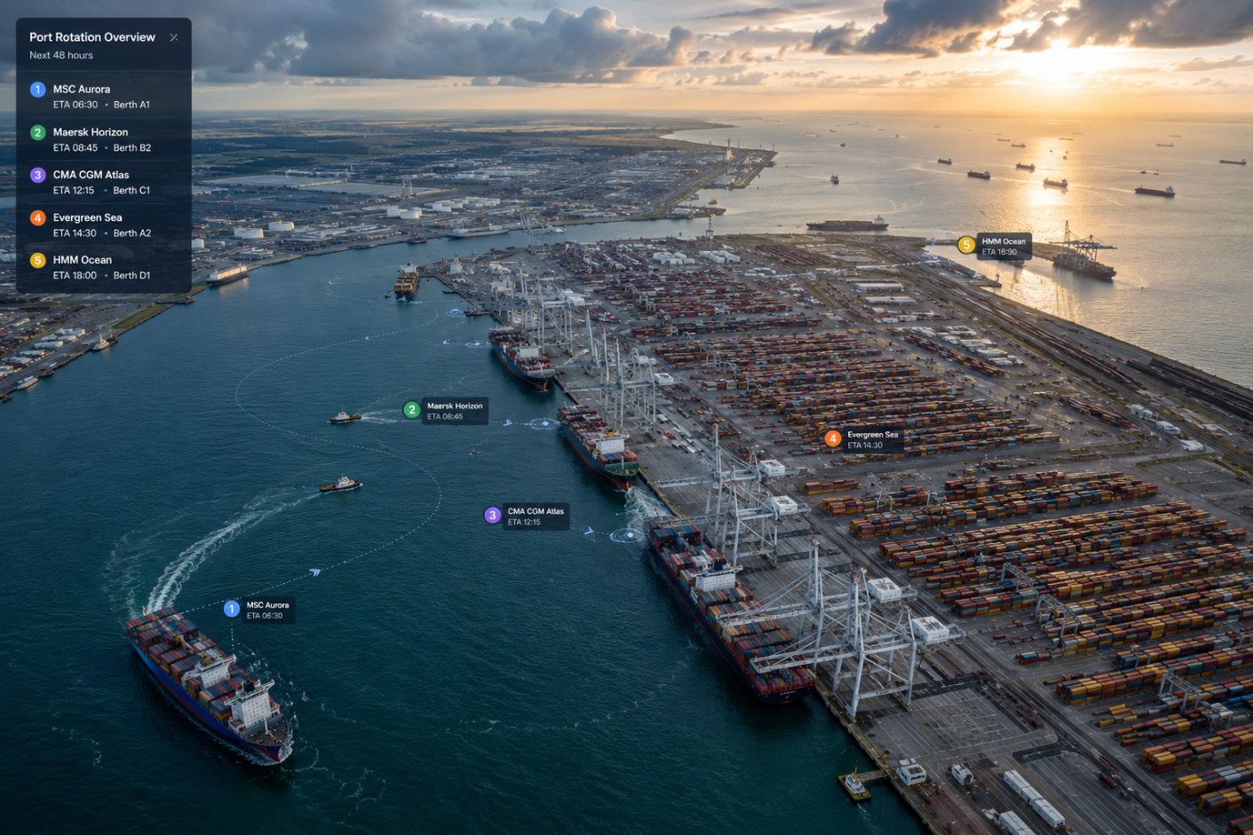Port rotation overview for the next 48 hours listing five vessel calls with ETA and assigned berth, plotted as a numbered approach sequence across the terminals of a port